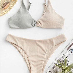 NWT ZAFUL Women's Two Tone Ribbed O Ring Cheeky Bikini Swimsuit Size Medium